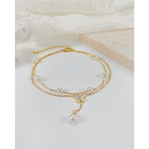 Ins Popular Stainless Steel Pearl Charm Double Layer Chain butterfly Charm <b>Anklet</b> - Product Image 2