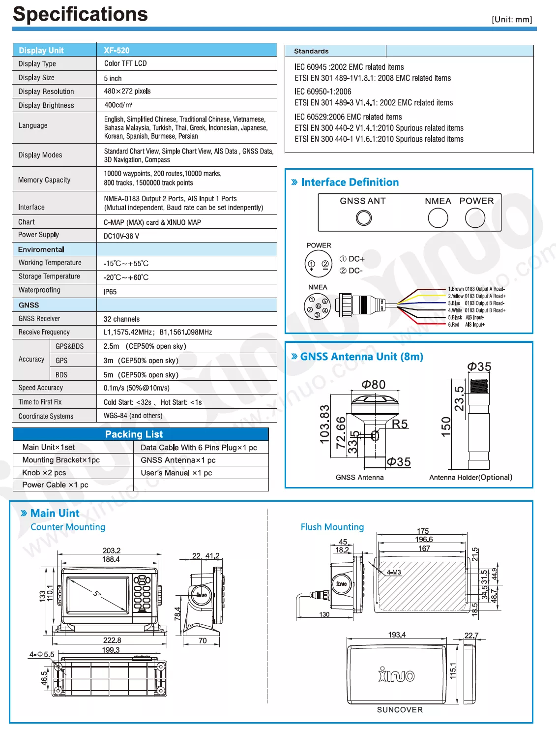 Xinuo XF-520 5 inch Marine GNSS chart plotter/ GNSS navigator/ marine GPS chart plotter