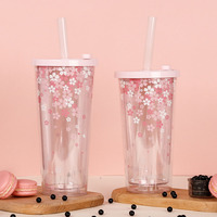 Gobelets à bulles réutilisables personnalisés en usine avec motif de fleurs de cerisier, impression personnalisée, 16 oz, 20 oz, 24 oz, double paroi, avec couvercle en PP et paille