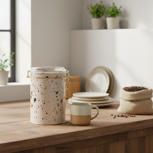 Kontensan ER1179G 1.1L Boîte ronde en métal crème terrazzo avec fermoir en fil et couvercle transparent Bouteilles et bocaux de rangement Fabriqué en Turquie - Product Image 3