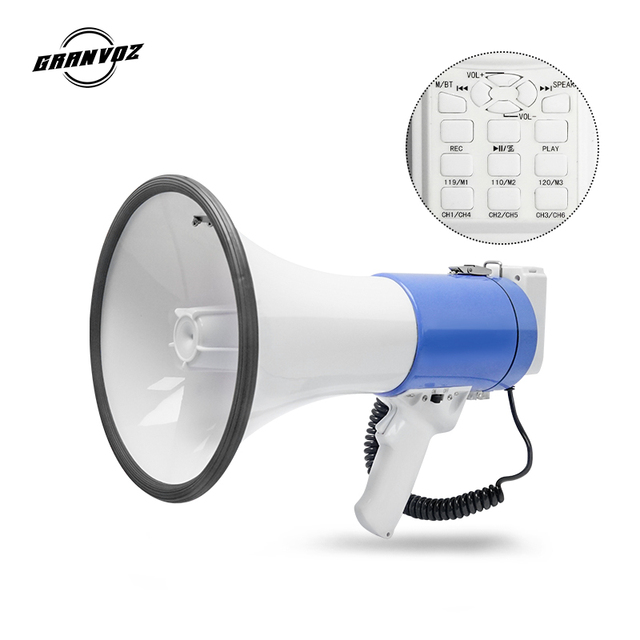 50W Megaphone with BT/USB/AUX/SD/Recording, 110/119/120 Siren, 6 Voice Changer, Rechargeable Battery, DC12V & Size C Compatible