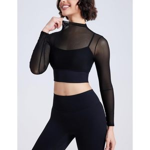 FOXA Yoga Crop <b>Top</b> Long Sleeve <b>Mock</b> <b>Neck</b> Sheer Layer Built In Bra Padded Women Workout Gym Shirt - Product Image 2