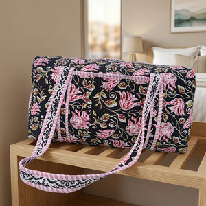 Floral Printed Quilted Lightweight <b>Duffel</b> <b>Bag</b> for Black Large Capacity Travel Weekender Zipper Closure Cotton Fabric Durable - Product Image 1