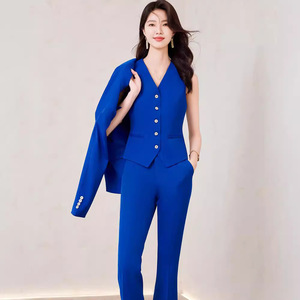 Women's Blue Three Piece Suit Set With Vest Solid Color Anti-Wrinkle Polyester Fabric Casual Professional Elegant Spring Autumn - Product Image 2