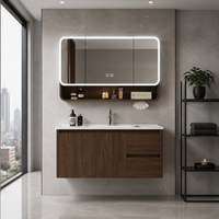 Meuble-lavabo mural flottant moderne avec miroir LED à intensité variable, armoire et lavabo à capteur lumineux pour hôtel et appartement
