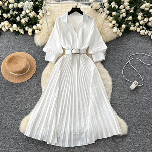 エレガントなヴィンテージ花柄通気性環境にやさしいプリーツマキシドレスオフィスターンカラーベルト付きアフリカンプラス秋ロング - Product Image 2