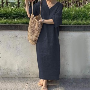 Vestido Tipo Camiseta sin Mangas con Cuello en V para Mujer, Elegante, Informal, Holgado, de Lino, Largo, Personalizado, al por Mayor, ODM/OEM - Product Image 5