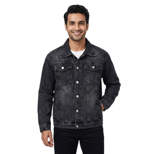 Veste en jean noire ajustée de haute qualité pour homme, modèles personnalisés 2026, lavable, avec col montant à boutons-pression - Product Image 1