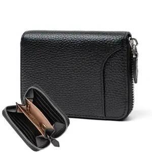 กระเป๋าสตางค์หนังแท้ใส่เหรียญหนังสีดำสำหรับผู้หญิงกระเป๋าสตางค์แบบเรียบง่ายมีซิปกระเป๋าเงินสุดชิค