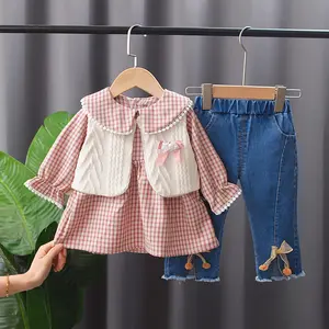 2022 새로운 디자인 유아 귀여운 소녀 의상 3PC 아이 격자 무늬 드레스 진 가역 조끼 의류 세트