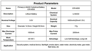 CR14505 <span class=keywords><strong>3V</strong></span> 1400mAh LiMnO2 배터리 CR18505 CR14250 CR14335 CR17450 CR2 CR123A CR1/<span class=keywords><strong>3N</strong></span> <span class=keywords><strong>CR</strong></span>-P2 리튬 배터리 - Product Image 6