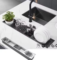 Évier de travail multifonctionnel en acier inoxydable fin avec double égouttoir, bac de drainage, bassin central, plusieurs couleurs, OEM ODM B2B
