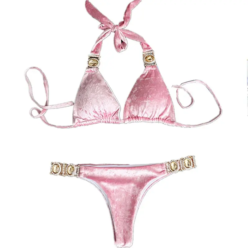 Inserimento dati Online In casa Sexy 2 pezzi Bikini In cristallo tessuto velluto femminile con strass