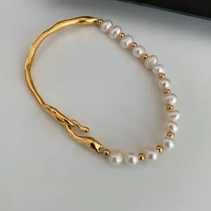 Stainless Steel Asymmetric Beaded Natural Freshwater Pearl Bracelet Long Bar Irregular Bracelets Women Statement Boho Jewelry