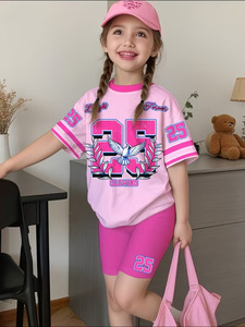 Ensemble short et t-shirt à manches courtes pour filles, motif lettres, tendance printemps/été/automne, vente en gros, offre spéciale - Product Image 2
