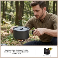 Ensemble de cuisine de camping en alliage d'aluminium pour l'extérieur, modèle moyen, combo de pot unique, complet et portable, 1,9 L, 18*18*12,5 cm
