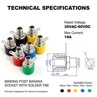Connecteur banane standard 4,0 mm en laiton nickelé PA 30Vac-60Vdc Max 19A pour montage sur panneau, 5 couleurs, équipement de test PCB