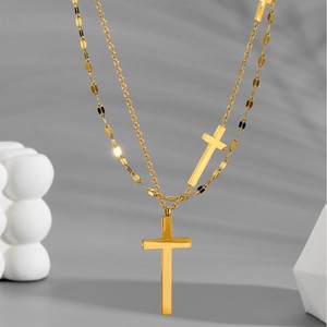 18K PVD Gold Plated Stainless Steel Triple <b>Cross</b> Layered Necklace | Fashion Double <b>Chain</b> Statement Jewelry for Women & <b>Men</b> - Product Image 3