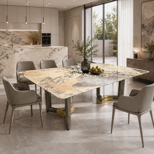 Table à manger personnalisée en quartzite Pandora, plateau rectangulaire, style moderne, pour villa, 8 à 10 places, pieds en métal, mobilier en pierre - Product Image 1