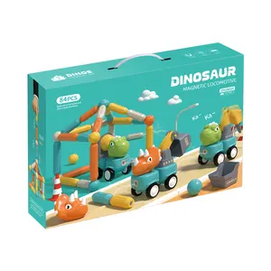 Venda quente crianças diy blocos 84 pçs brinquedos de dinossauro dos desenhos animados montar blocos de construção magnéticos conjunto de veículos de engenharia