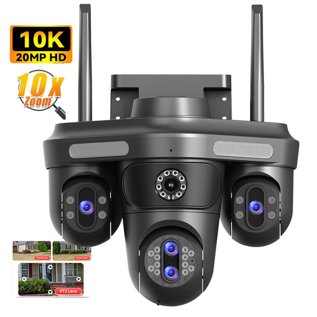 20MP Outdoor Security Camera 4 Screens 10X Zoom AI Motion Detection Waterproof PTZ Two-Way Audio Night Vision Cloud Storage