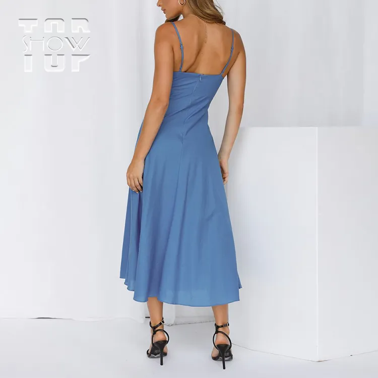 2022 Spring Trending Custom Lady Fashion Sexy Cotton Boho Women Sweet Summer Blue Breeze Midi Dress