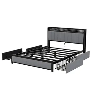 Modern Luxury Design Double Bed Frame With LED Headboard 4 Drawer Storage Space Large For Easy Assembly