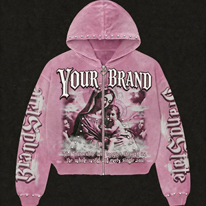 Sweat à capuche zippé personnalisé en coton épais pour homme, style vintage délavé, streetwear, avec strass et impression en relief, service OEM - Product Image 2