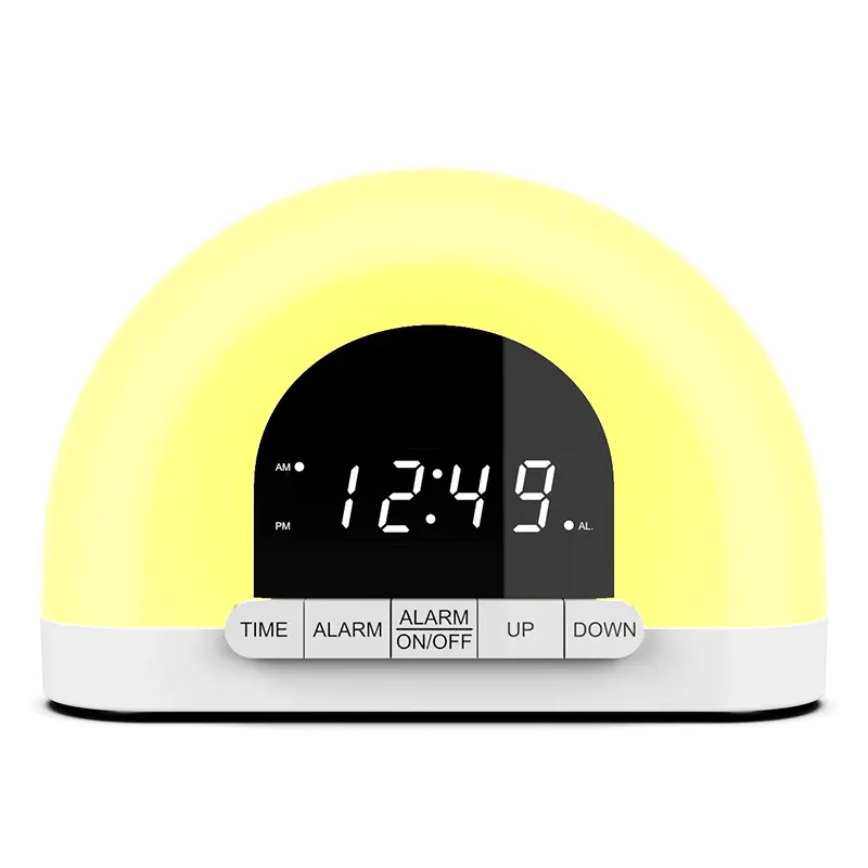 Jam Alarm lampu bangun baru dengan suara dan lampu tidur matahari terbenam di samping tempat tidur dengan bantuan tidur