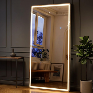Miroir de salle de bain rectangulaire LED doré de luxe (80 x 180 cm) style Art Déco moderne avec cadre argenté et interrupteur tactile, autoportant - Product Image 3