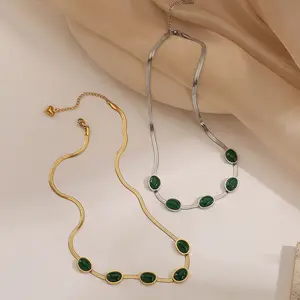 NUORO Hot Sale Stainless Steel Flat Snake Bone Chain Choker Necklace Gold Silver Trendy Jewelry Green Gemstone Retro Necklace