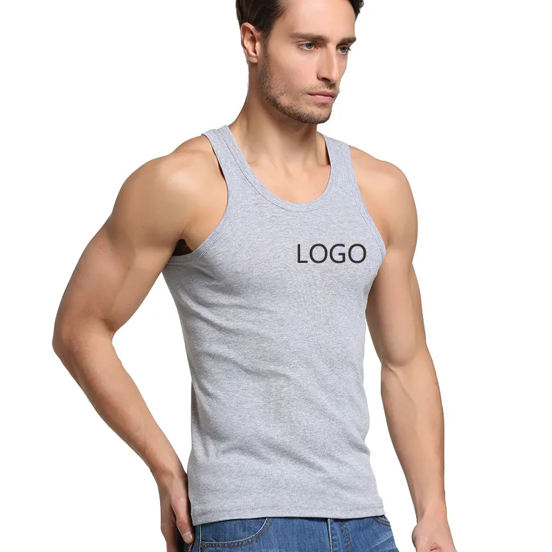 Wholesale 100% cotton mens fitness singlet threaded gym tank top with custom logo silk screen printing anti-odor men's vest