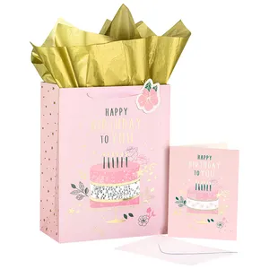 Wholesale Custom Waterproof Pink Birthday Cake Flowers Perfume Pattern Birthday Party Gift Paper Bag