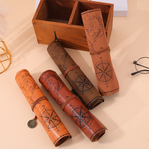 Trousse à crayons enroulable en cuir PU motif carte au trésor vintage, grande capacité, imprimé boussole, pour étudiants, rangement de fournitures scolaires - Product Image 1