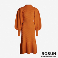 Robe femme tricotée personnalisée avec manches bouffantes trompette ajustée côtelée grande taille décontracté taille Empire silhouette droite