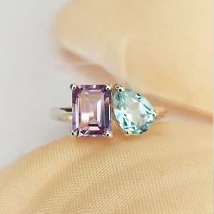 Stunning Toi and Moi <b>Ring</b> with Lavender Amethyst & Blue Topaz Pear Cut Blue Topaz and Octagon Amethyst Fine Multi <b>Ring</b> - Product Image 2