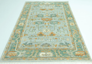 Elegante Alfombra Oushak Moderna Hecha a Mano, Alfombra Turca Azul Claro y Verde, Alfombra Suave en Tonos Pastel - Product Image 6