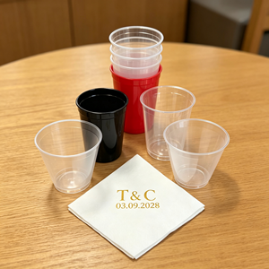 Gobelet de stade noir incassable et réutilisable de 9 oz (266 ml) et 12 oz (355 ml) – Promotion – Tasses à thé recyclables pour fêtes – Sans couvercles – Serviette noire – Baby Shower – Mariage - Product Image 1