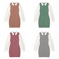 Nouvelle robe courte décontractée pour femme, motif pied-de-poule, col contrastant, manches longues, coupe ajustée, effet deux pièces