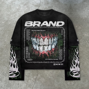 Streetwear oversize lavato nero 3D Graphic t-Shirt a manica lunga da uomo con motivo a linguetta con stampa a grande stella <span class=keywords><strong>B</strong></span> - Product Image 2