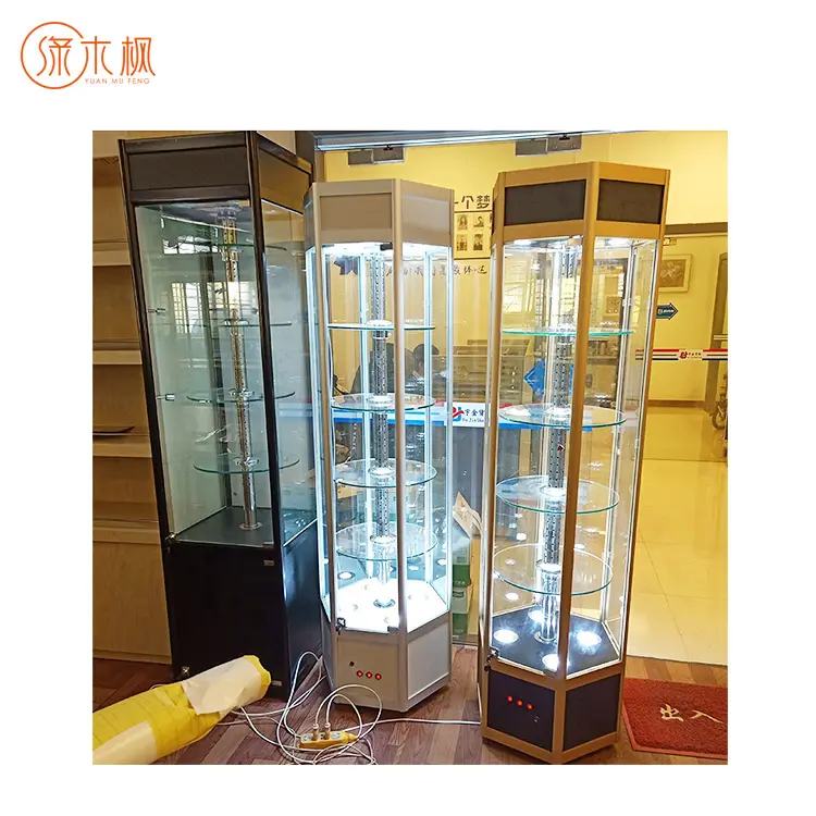 خزانة عرض زجاجية سداسية الشكل قابلة للتدوير بتصميم عصري حسب الطلب خزانة عرض من الزجاج مع ملحقاتها