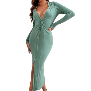 Vestido Midi Personalizado OEM de Alta Calidad para Mujer, Estilo Casual, Sexy, con Abertura, Cuello en V, Manga Larga, para Primavera y Otoño - Product Image 3