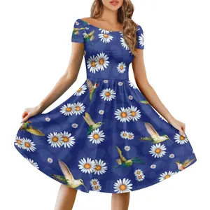 Sweet Birds and Flowers Pattern Summer Blue Dresses for Women Luxury Cute Short Sleeve Floral Prom Dresses Blue Beach Cover Ups