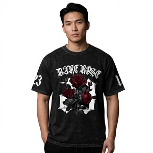 <b>Black</b> Crew Neck T-Shirt Men Floral <b>Rose</b> Print Street Style Summer Wear Knitted Cotton Front Logo Design - Product Image 1