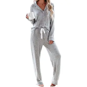 Venta al por mayor pijamas de botón-Conjunto de pijama de manga larga para mujer, ropa de dormir con botones, 2 unidades