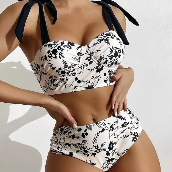 Custom 2023 new design black and white floral print sexy swim wear bikini set swimsuit women sexy beachwear bikini