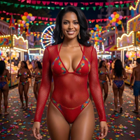 Maillot de bain monokini rouge personnalisé en maille, ensemble 2 pièces à manches longues, style Miami Festival Rave Party, body découpé, vente en gros, fournisseur OEM, faible MOQ