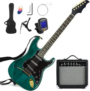 Kit de guitarra elétrica, popular, 39 polegadas, tamanho completo, ondulação, verde, st iniciante, kit intermediário, com amplificador de 25 w