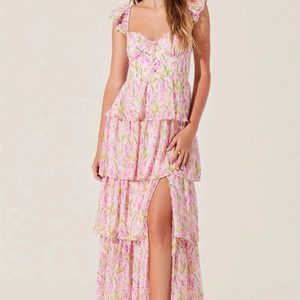 Vestido Maxi Bohemio de Verano Rosa Personalizado, Tejido, con Estampado Floral, Antiarrugas, Elegante, de Chifón, Sexy, Casual, de Diseñador - Product Image 1