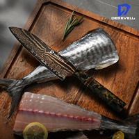 Pisau Santoku Super Tajam 7 Inci dari Baja Damascus Tembaga Jepang Vg-10 dengan Gagang Resin